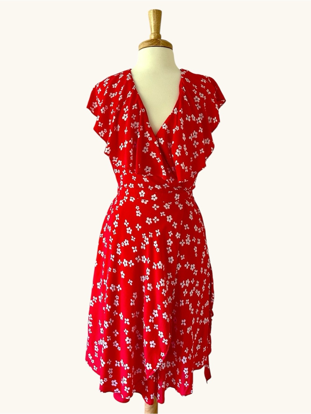 Draper James‎ RSVP Red Floral Wrap Ruffle Midi Dress Wedding Garden Southern L